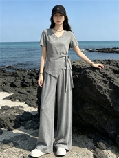 超好看韩版时尚套装女夏新款款蝴蝶结系带短袖上衣阔腿长裤两件套，女装套装/套裙，江南