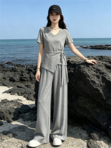 超好看韩版时尚套装女夏新款款蝴蝶结系带短袖上衣阔腿长裤两件套图片