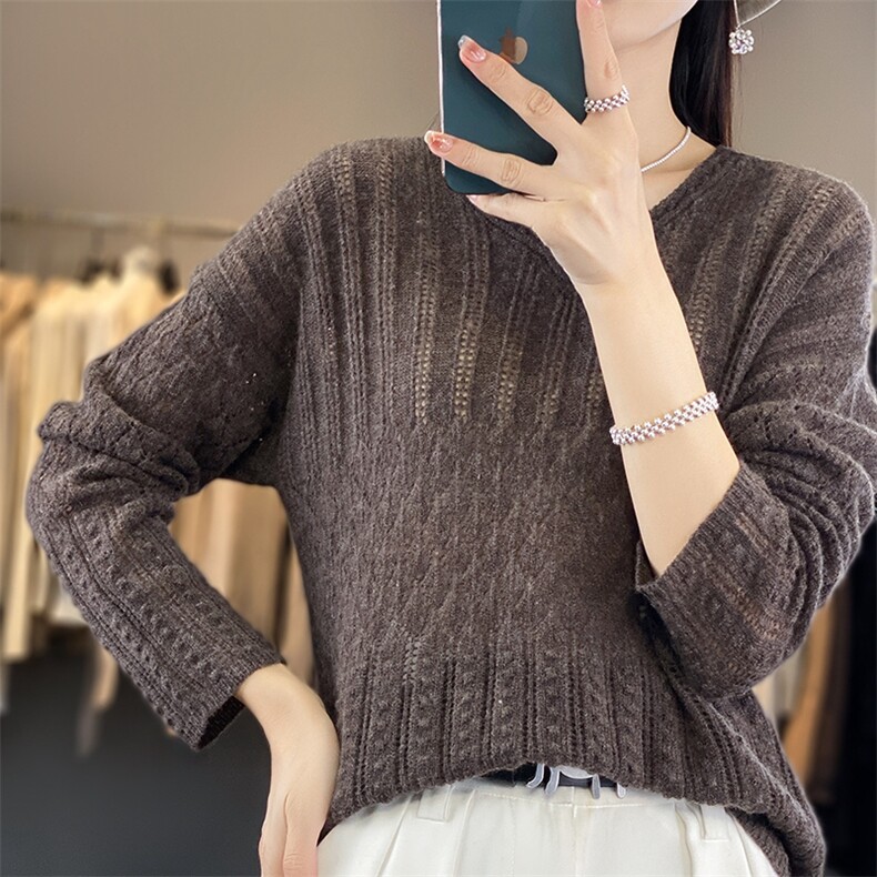 钩花镂空V领纯羊毛针织衫女2025秋冬慵懒风韩版长袖内搭打底毛衣,女装羊毛衫,暖烁羊绒