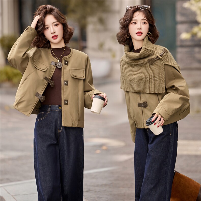 披肩夹棉圆领外套2025年冬装新款气质欧货短款加厚棉服夹克女，女装短外套，玖莱伊