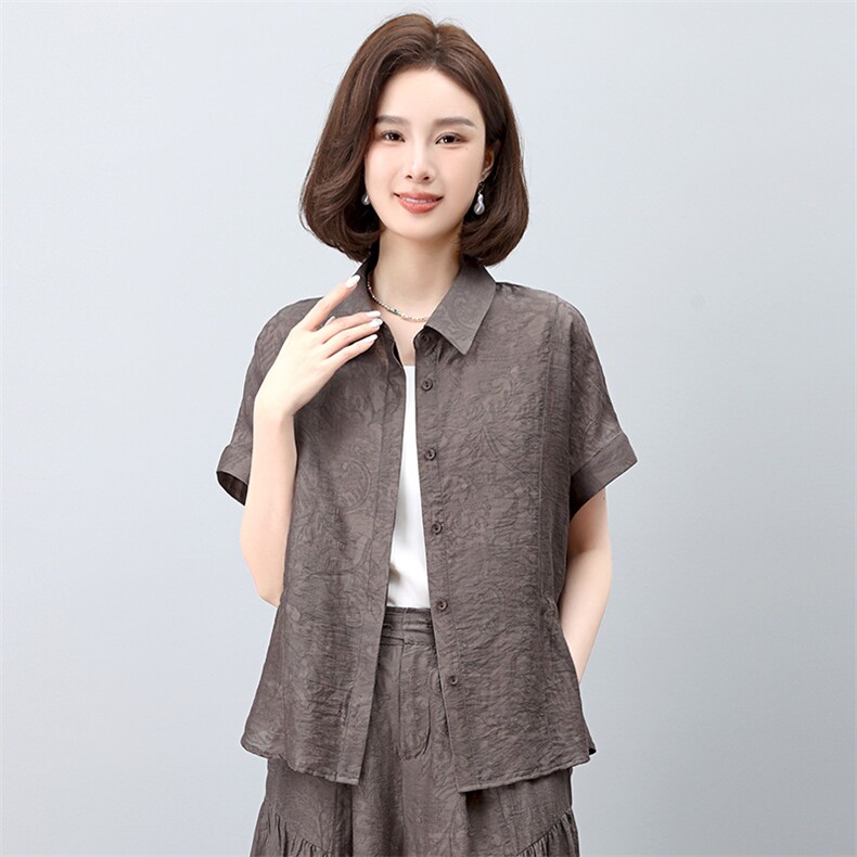 妈妈休闲天丝衬衫阔腿裤女夏中年洋气减龄时尚高端宽松,女装衬衫,雪樱依海