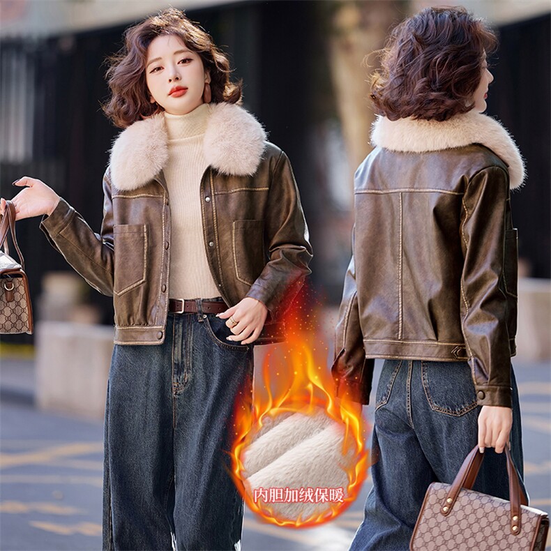 【2024冬季女装新款】时尚复古擦边洋气可脱卸毛领加绒短款皮衣，女装皮衣，魅衣本色