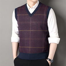 秋冬季加绒休闲爸爸装格子马甲套头宽松中老年款坎肩毛衣背心M23，男装针织衫/毛衣，星座1706