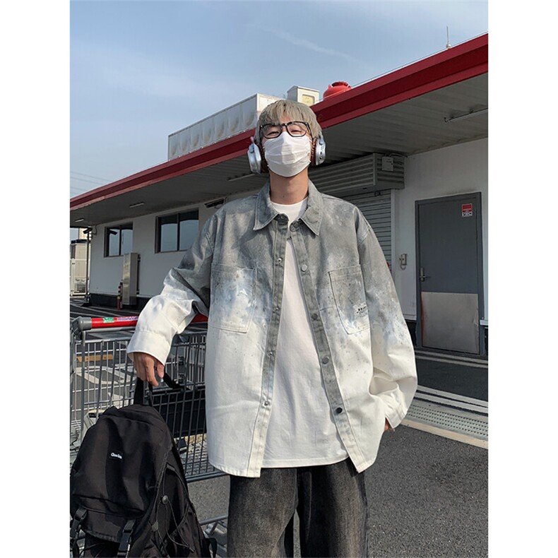 扎染衬衫男生夏季薄款美式复古小众设计感中性风简约长袖衬衣外套,男装夹克,电商A007