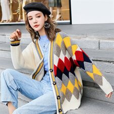 针织衫/毛衣气质拼色菱格毛衣开衫外套时髦百搭休闲，女装针织衫/毛衣，美吧服饰