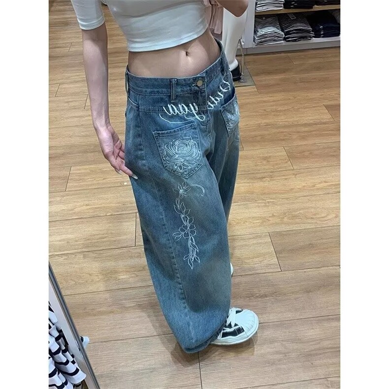 复古做旧刺绣牛仔裤男女新款宽松阔腿拖地休闲直筒长裤LA1266-P52,男装牛仔裤,星座1008