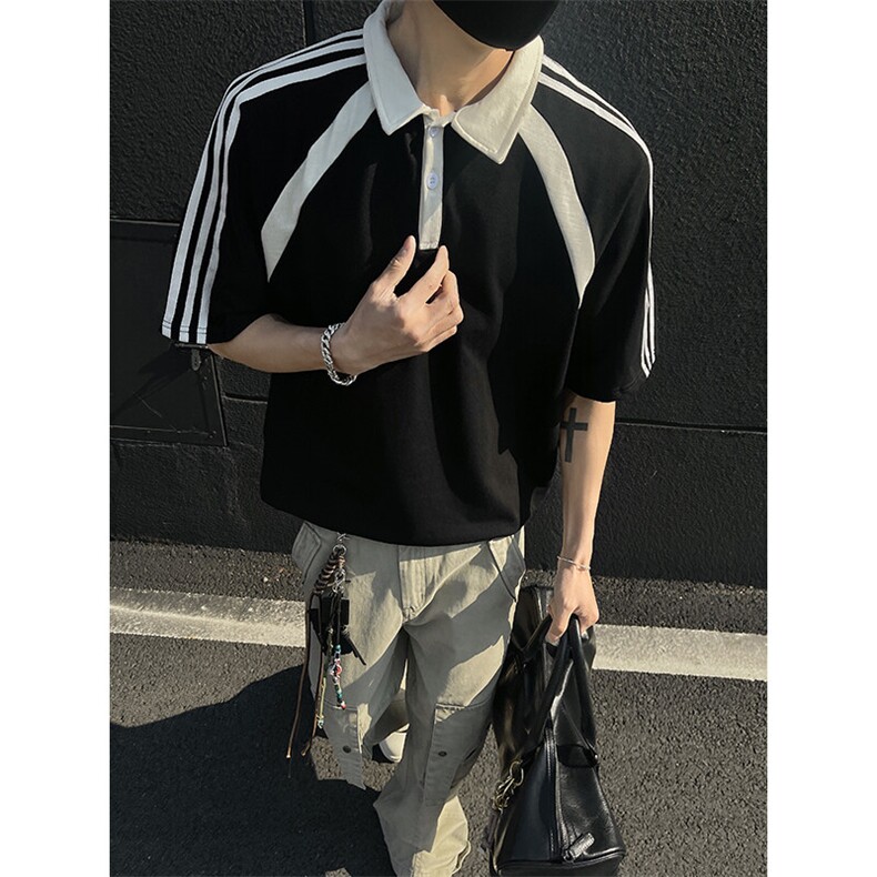 得物抖音高品二开240克纯棉美式高街痞帅翻领POLO织带短袖T恤,男装T恤,电商A486-1
