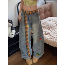 带腰带刺绣设计感牛仔裤男女秋冬季宽松直筒休闲长裤WA66-P55，男装牛仔裤，星座1008