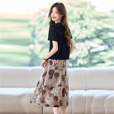 时尚V领上衣印花半身裙套装女2025夏季新款高级感短袖裙子两件套，女装套装/套裙，简韵佳