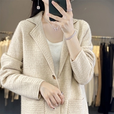 优雅气质时尚西装领羊毛开衫外套，女装羊毛衫，凯思米羊绒