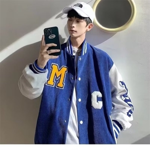 现货自家图秋季美式克莱因蓝拼接棒球服夹克男春秋宽松百搭蓝色情图片