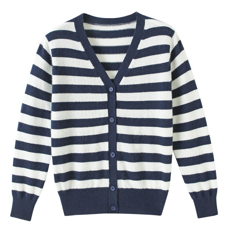 新款百搭斑马条纹V领开衫童装，童装儿童羊绒衫，瑞上羊绒