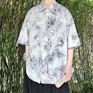 新中式复古衬衫短袖风竹叶水墨画印花大码CS33-P65-控88图片