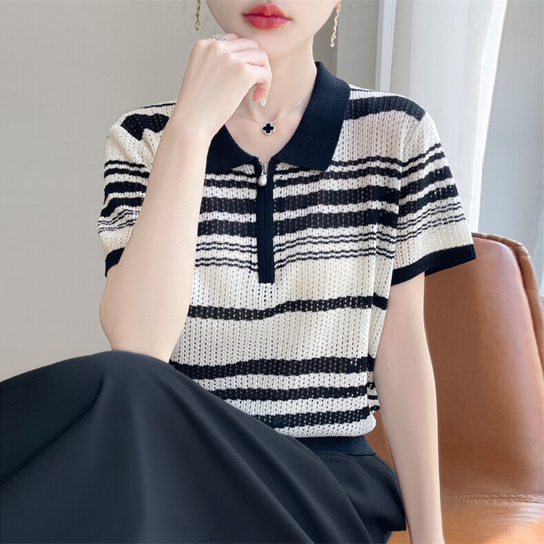 夏季新款天丝苎麻半拉链镂空条纹短袖女宽松百搭显瘦时尚休闲上衣,针织衫/毛衣,暖娇绒