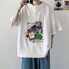 夏季港风冰丝宽松连帽短袖t恤五分体恤上衣TLM459-P40控58，男装T恤，电商B370
