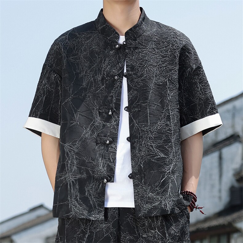 2025夏季新款男装新中式衬衣风金属盘扣拼接短袖衬衫C98-P60,男装衬衫,电商B277(原6028)