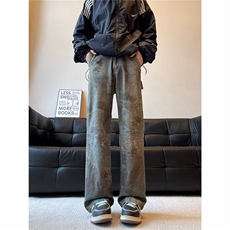 水洗宽松牛仔裤男款春秋季美式复古潮牌休闲百搭阔腿直筒长裤，男装牛仔裤，星座302B