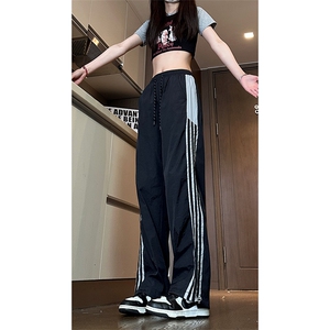 现货 夏季速干情侣撞色拼接条纹休闲裤女运动长裤男K650-P45 控68图片