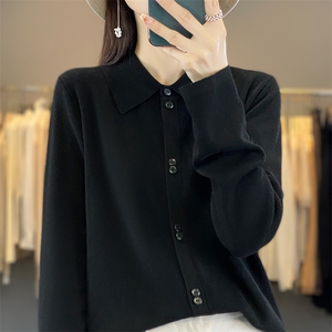 精纺POLO领长袖针织衫高级搭配翻领上衣2025春秋薄款打底衬衣图片
