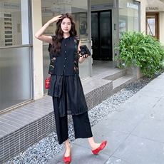 黑色法式复古温柔风印花无袖上衣套装女2025夏季新款阔腿裤两件套，女装套装/套裙，2C115