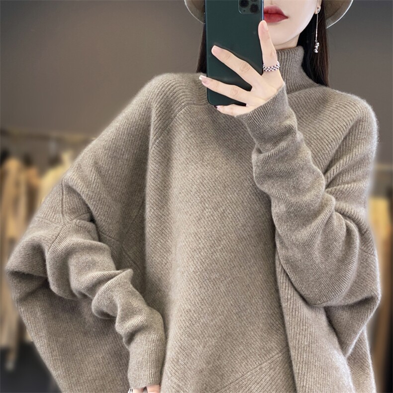 宽松慵懒风100%纯羊毛衫女高领加厚不规则长袖毛衣打底羊绒衫上衣,女装羊毛衫,迅太羊绒