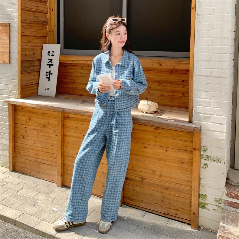时尚小香风2026千鸟格牛仔套装女两件套A9027P175K248,女装套装/套裙,2C268