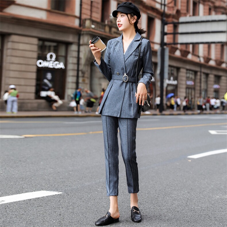 2021春秋季纯色大翻领收腰小西装两件套修身显瘦气质优雅时尚,女装套装/套裙,瑶迪依秀
