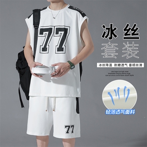 特批P55无差价夏季冰丝垂感字母印花坎肩宽松大码背心短裤男TZ313图片
