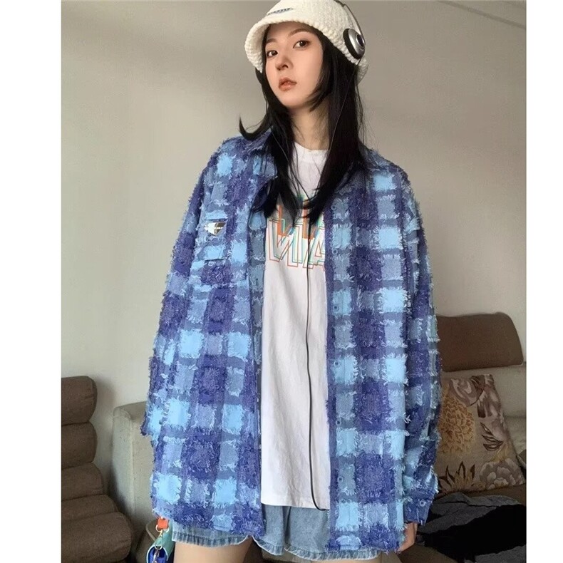美式小香风流苏格衬衣男士2025翻领垂感休闲宽松百搭潮流长袖衬衫,男装衬衫,星座1210-1