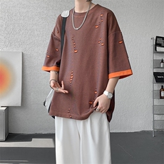 T10137-特批33控68开口笑高品质夏季大码短袖破洞潮流百搭T恤，男装T恤，电商A059