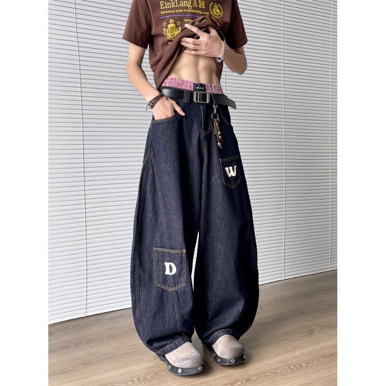 廓形弯刀牛仔裤男女春夏新款字母印花设计感宽松阔腿裤N6407-P52,男装牛仔裤,星座308B-1