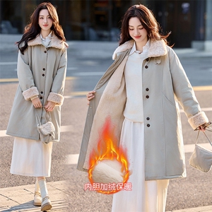 现货！现货！加绒加厚中长款棉服女2025冬季新款洋气减龄羊羔毛,长款女装小西装穿搭图片