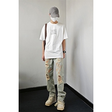 B221美式ins高街暗黑小众拉链喷墨破洞牛仔裤LK23085-P65控88，男装牛仔裤，电商B221