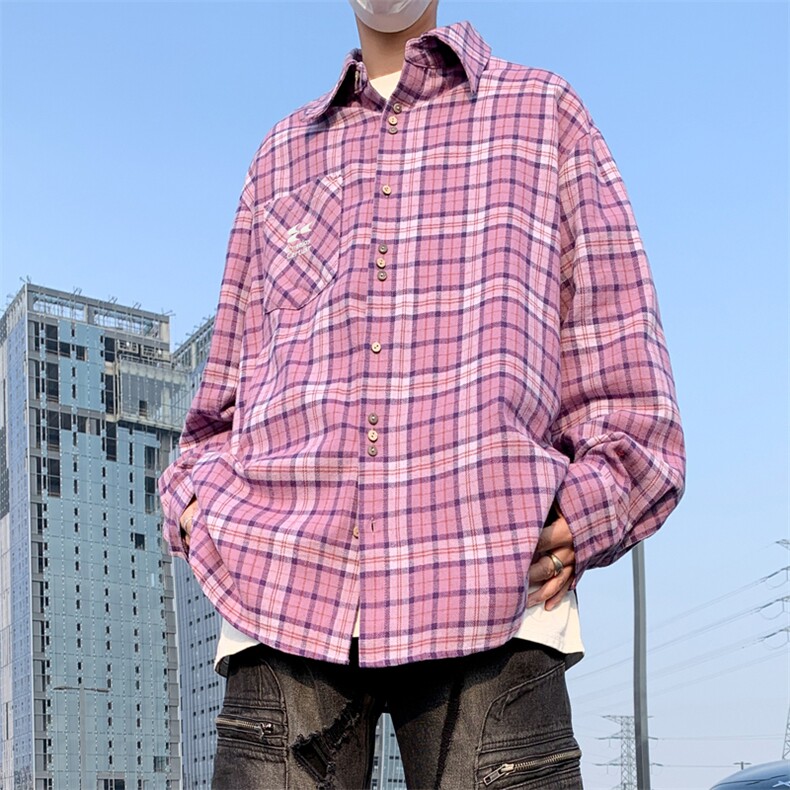 美式街头格子长袖衬衫男春季oversize宽松情侣衬衣外套S6601-p48,男装衬衫,星座1008