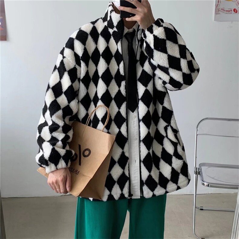 秋冬季棋盘格羊羔绒棉服男港风百搭宽松棉衣学生棉袄W2141-P70,男装棉衣,星座512-2