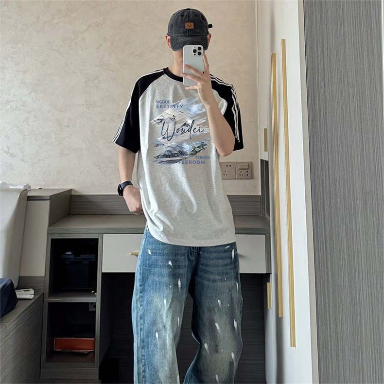 抖音得物品质二开240克宽松纯棉美式潮牌插肩三杠织带短袖T恤,男装T恤,电商A486