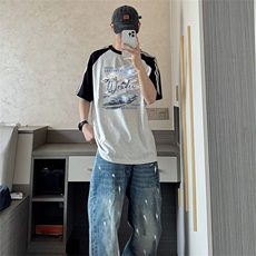 抖音得物品质二开240克宽松纯棉美式潮牌插肩三杠织带短袖T恤，男装T恤，电商A486