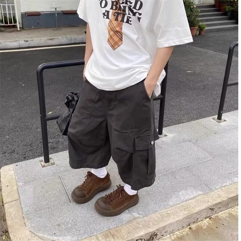美式复古纯色牛仔七分裤多口袋设计工装裤水洗短裤男女潮流2025夏,女装休闲裤,星座506A
