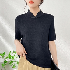 新中式盘扣立领针织短袖T恤女复古肌理感，女装针织衫/毛衣，东远绒业