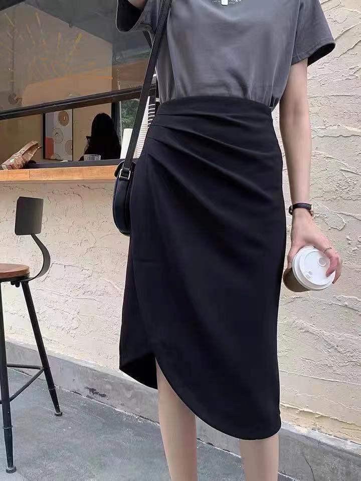 2022秋季新款百搭气质高腰性感不规则开叉半身裙,女装半身裙,L·H·X