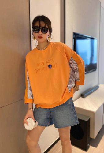 【现货】夏季新款针织衬衫拼接刺绣字母笑脸潮款圆领卫衣，女装衬衫，微迪菲