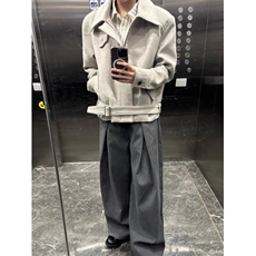 美式正肩绑带毛呢夹克男女冬季痞帅情侣短款工装外套，男装夹克，四季星座505