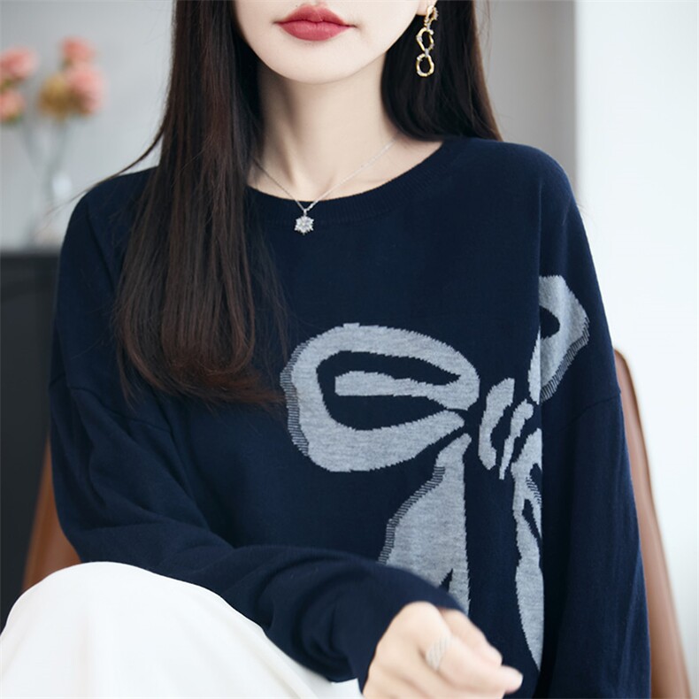 2025年秋季新款蝴蝶结提花针织女士上衣舒适休闲通勤百搭,针织衫/毛衣,暖圣羊羊绒