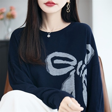 2025年秋季新款蝴蝶结提花针织女士上衣舒适休闲通勤百搭，女装针织衫/毛衣，暖圣羊羊绒
