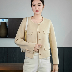 时尚百搭羊毛女士双面呢外套 优雅显瘦短款设计秋冬，女装双面呢大衣，岳达羊绒