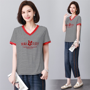大量现货短袖T恤女夏装2024新款时尚撞色拼接条纹休闲韩版图片