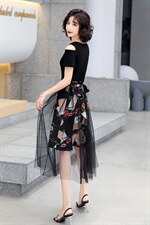2022夏季新款优雅圆领轻熟气质网纱印花拼接连衣裙，女装连衣裙，歌伊格美