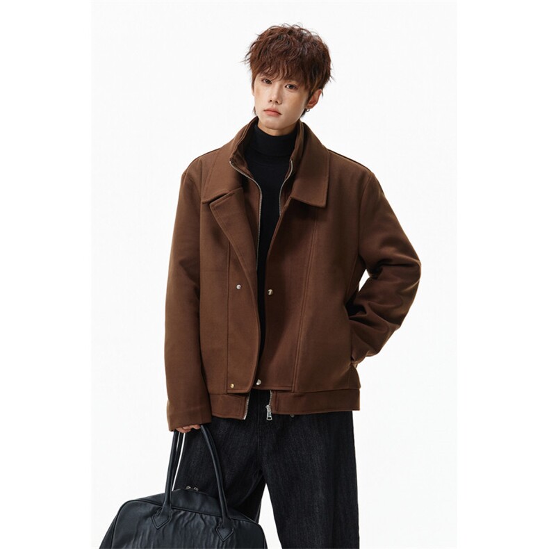 咖啡色短款风衣外套男款秋冬季韩系氛围感穿搭高级感潮牌毛呢大衣，男装风衣，星座903-1