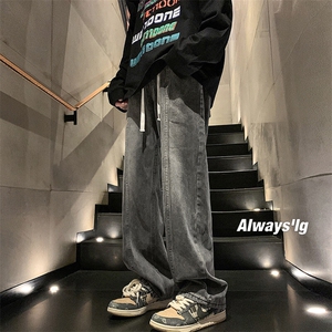 美式高街牛仔裤男秋季宽松直筒复古黑色裤子高级感小众休闲阔腿裤图片