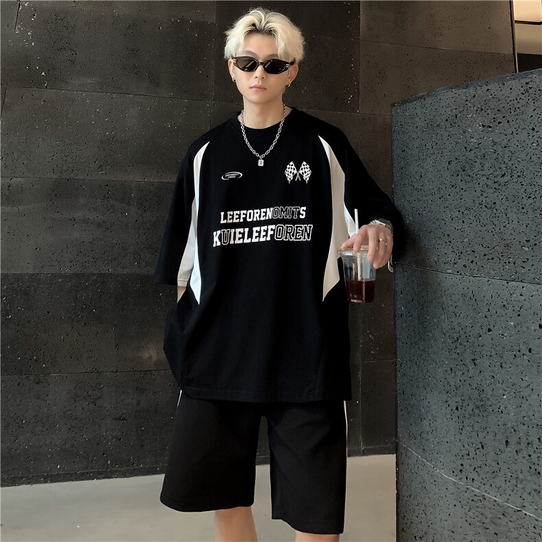 美式机车拼色短袖T恤男夏季潮牌ins痞帅高街设计感西海岸半袖体恤,男装T恤,电商C307